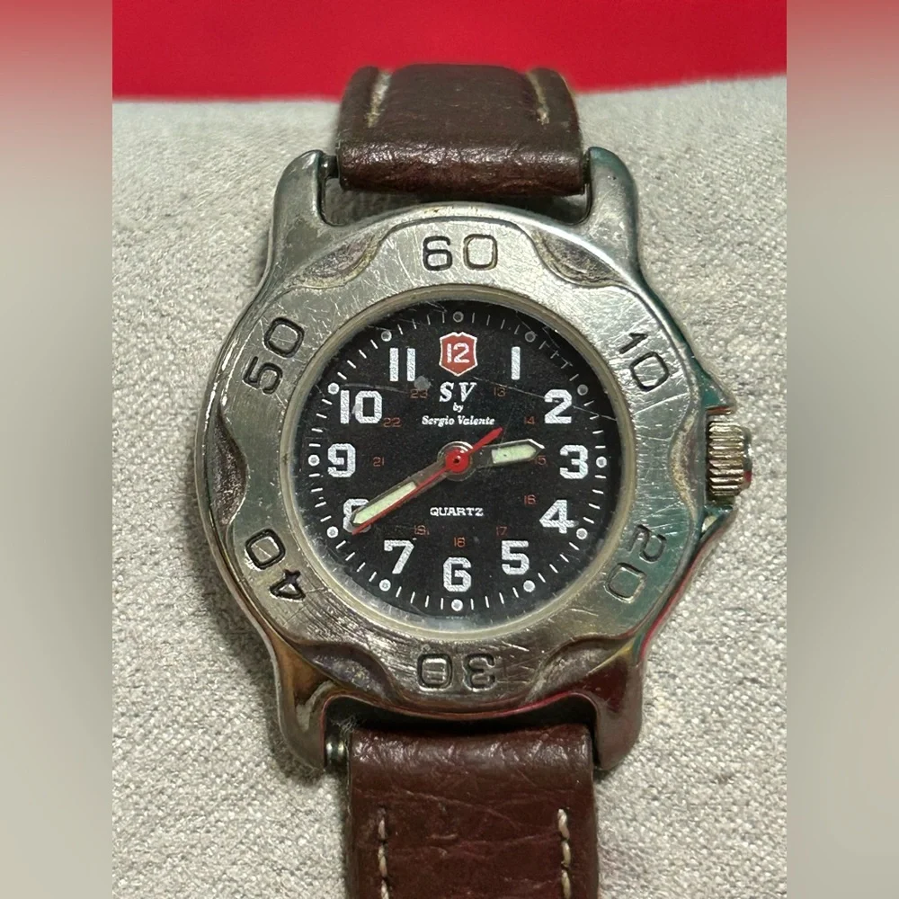 SV by‎ SERGIO VALENTE Quartz Watch Black Dial Brown Leather Band NEW BATTERY